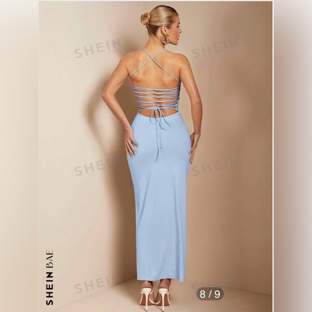 SHEIN Light Blue Bodycon Halter Neck
Spaghetti Strap Tie Low Back Shiny Dress M - Picture 10 of 16